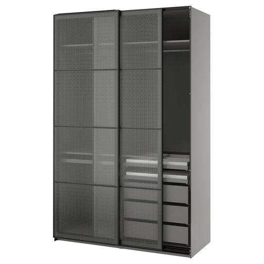 PAX / LUNDBRÄSMA wardrobe with sliding doors, dark grey black/checkered glass, 150x66x236 cm