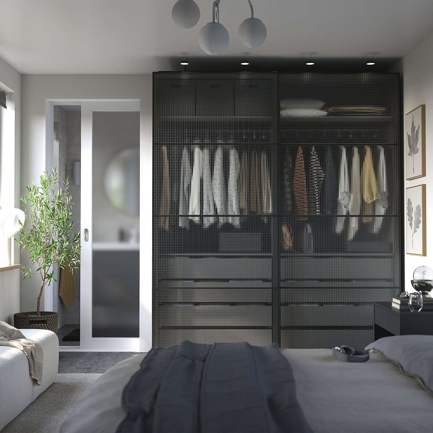 PAX / LUNDBRÄSMA wardrobe with sliding doors, dark grey black/checkered glass, 200x66x236 cm
