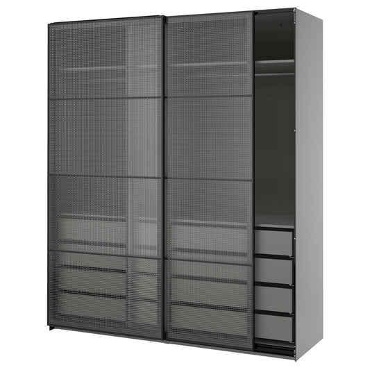 PAX / LUNDBRÄSMA wardrobe with sliding doors, dark grey black/checkered glass, 200x66x236 cm