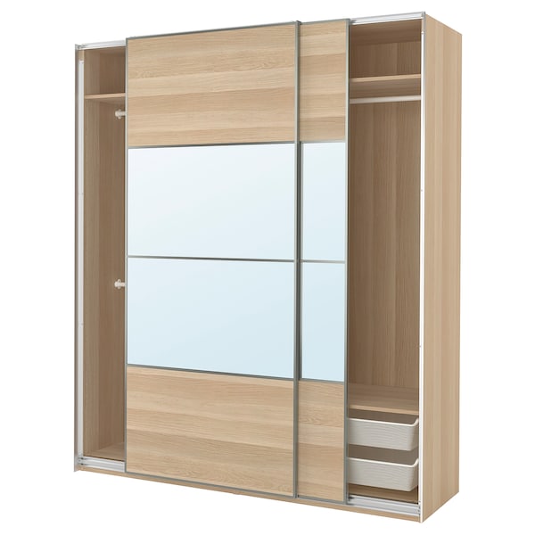 PAX / MEHAMN/AULI - Wardrobe combination, oak effect with white stain double-sided / oak effect with white stain mirror glass,200x66x236 cm