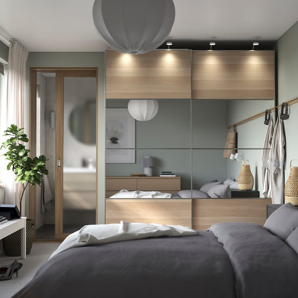PAX / MEHAMN/AULI wardrobe combination, white stained oak effect double sided/white stained oak effect mirror glass, 200x66x236 cm