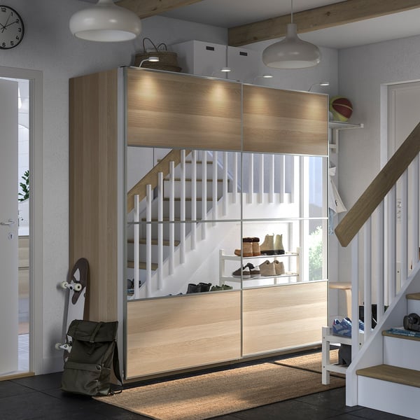 PAX / MEHAMN/AULI wardrobe combination, white stained oak effect double sided/white stained oak effect mirror glass, 200x66x201 cm
