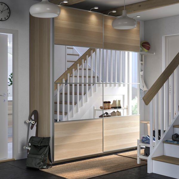 PAX / MEHAMN/AULI wardrobe combination, white stained oak effect double sided/white stained oak effect mirror glass, 200x66x236 cm