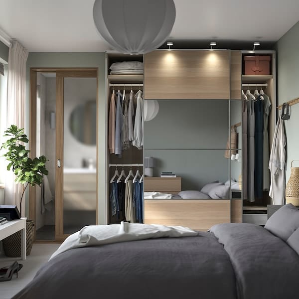 Ikea PAX / MEHAMN/AULI - Wardrobe combination, oak effect with white stain double-sided / oak effect with white stain mirror glass,200x66x236 cm