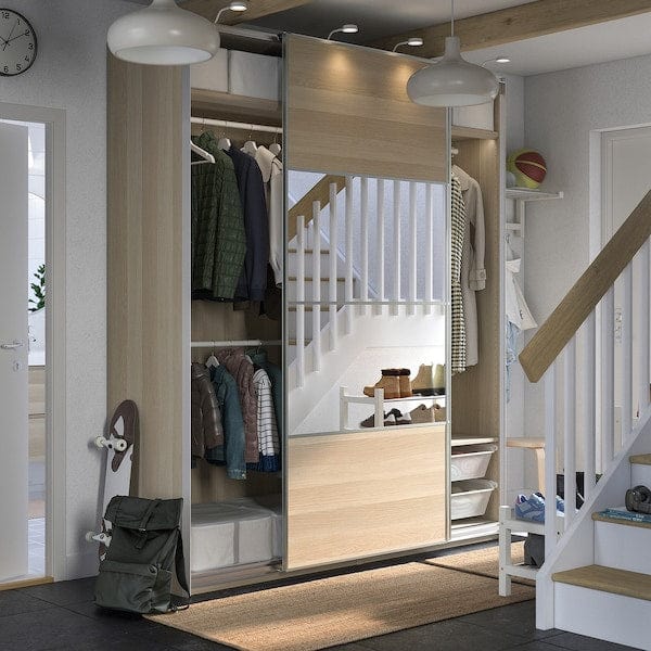 Ikea PAX / MEHAMN/AULI - Wardrobe combination, oak effect with white stain double-sided / oak effect with white stain mirror glass,200x66x236 cm