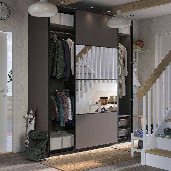 PAX / MEHAMN/AULI - Wardrobe combination, double-sided dark grey/dark grey mirror glass,200x66x236 cm