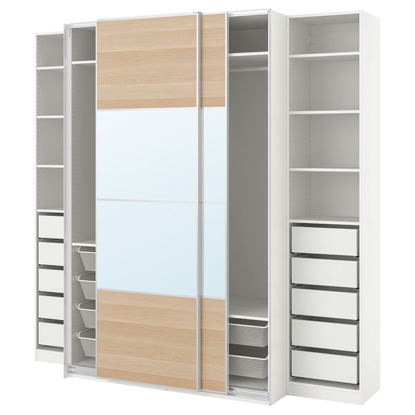 PAX / MEHAMN/AULI - Wardrobe, white double-face/ oak effect with white stained glass mirror,250x66x236 cm