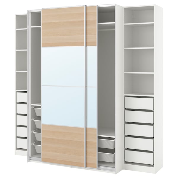PAX / MEHAMN/AULI - Wardrobe, white double-face/ oak effect with white stained glass mirror,250x66x236 cm