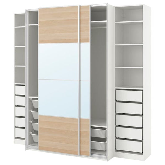 Ikea PAX / MEHAMN/AULI - Wardrobe, white double-face/ oak effect with white stained glass mirror,250x66x236 cm