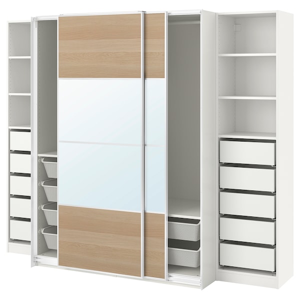 PAX / MEHAMN/AULI - Wardrobe, white double-face/ oak effect with white stained glass mirror,250x66x201 cm