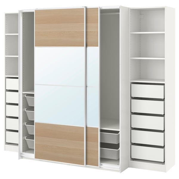 PAX / MEHAMN/AULI wardrobe, white double sided/white stained oak effect mirror glass, 250x66x201 cm
