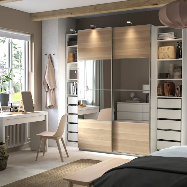 PAX / MEHAMN/AULI - Wardrobe, white double-face/ oak effect with white stained glass mirror,250x66x236 cm