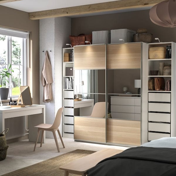 Ikea PAX / MEHAMN/AULI - Wardrobe, white double-face/ oak effect with white stained glass mirror,250x66x201 cm