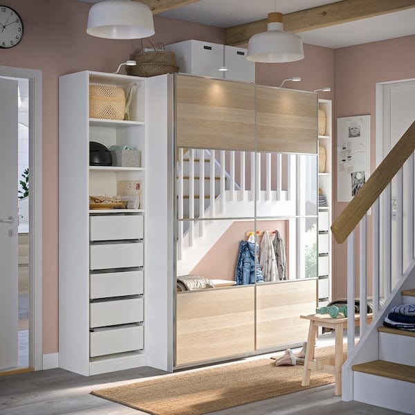 Ikea PAX / MEHAMN/AULI - Wardrobe, white double-face/ oak effect with white stained glass mirror,250x66x201 cm