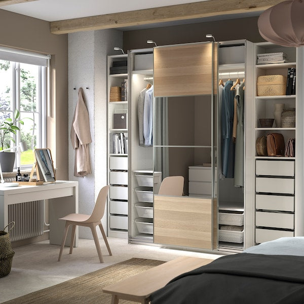 PAX / MEHAMN/AULI - Wardrobe, white double-face/ oak effect with white stained glass mirror,250x66x236 cm