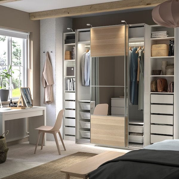 Ikea PAX / MEHAMN/AULI - Wardrobe, white double-face/ oak effect with white stained glass mirror,250x66x236 cm