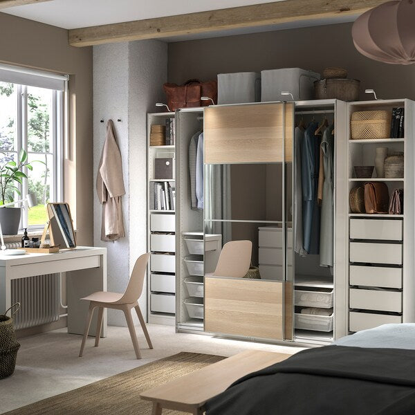 PAX / MEHAMN/AULI - Wardrobe, white double-face/ oak effect with white stained glass mirror,250x66x201 cm