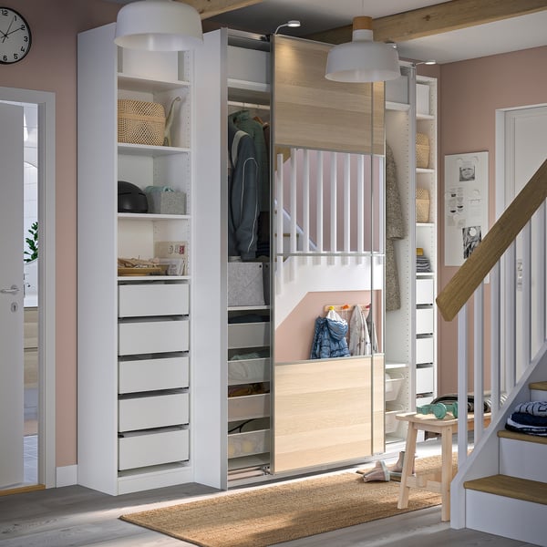 PAX / MEHAMN/AULI - Wardrobe, white double-face/ oak effect with white stained glass mirror,250x66x236 cm