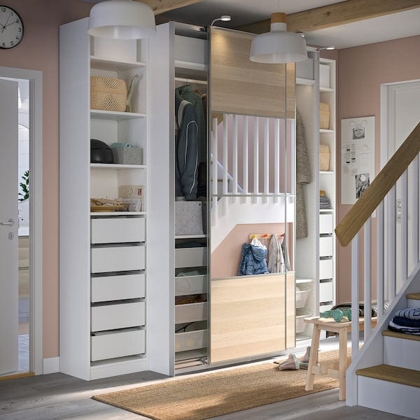 Ikea PAX / MEHAMN/AULI - Wardrobe, white double-face/ oak effect with white stained glass mirror,250x66x236 cm