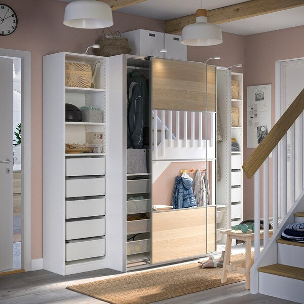 PAX / MEHAMN/AULI - Wardrobe, white double-face/ oak effect with white stained glass mirror,250x66x201 cm