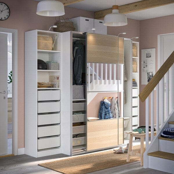 Ikea PAX / MEHAMN/AULI - Wardrobe, white double-face/ oak effect with white stained glass mirror,250x66x201 cm
