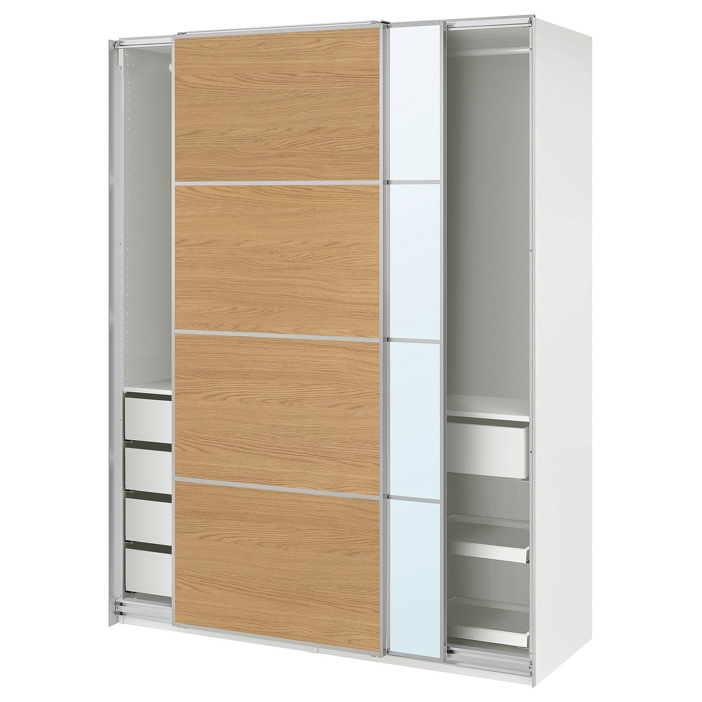 PAX / MEHAMN/AULI wardrobe with sliding doors, white aluminium/oak effect mirror glass, 150x66x201 cm