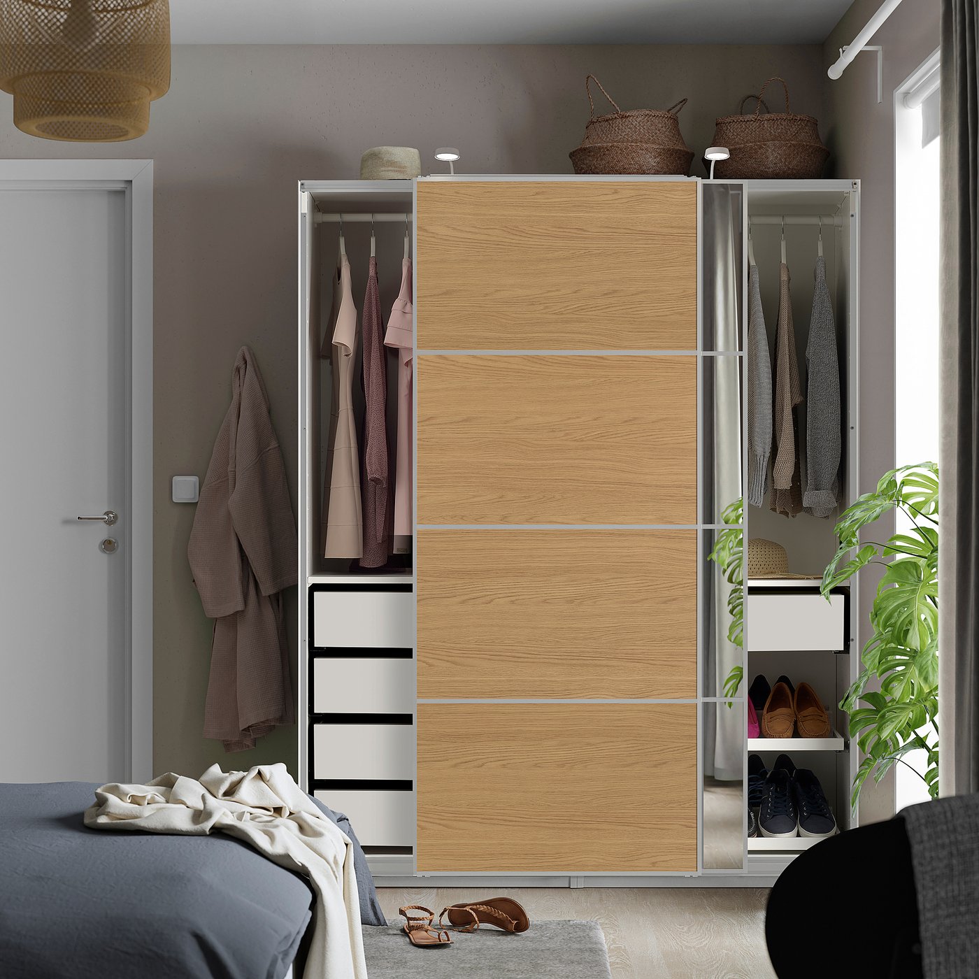 PAX / MEHAMN/AULI wardrobe with sliding doors, white aluminium/oak effect mirror glass, 150x66x201 cm