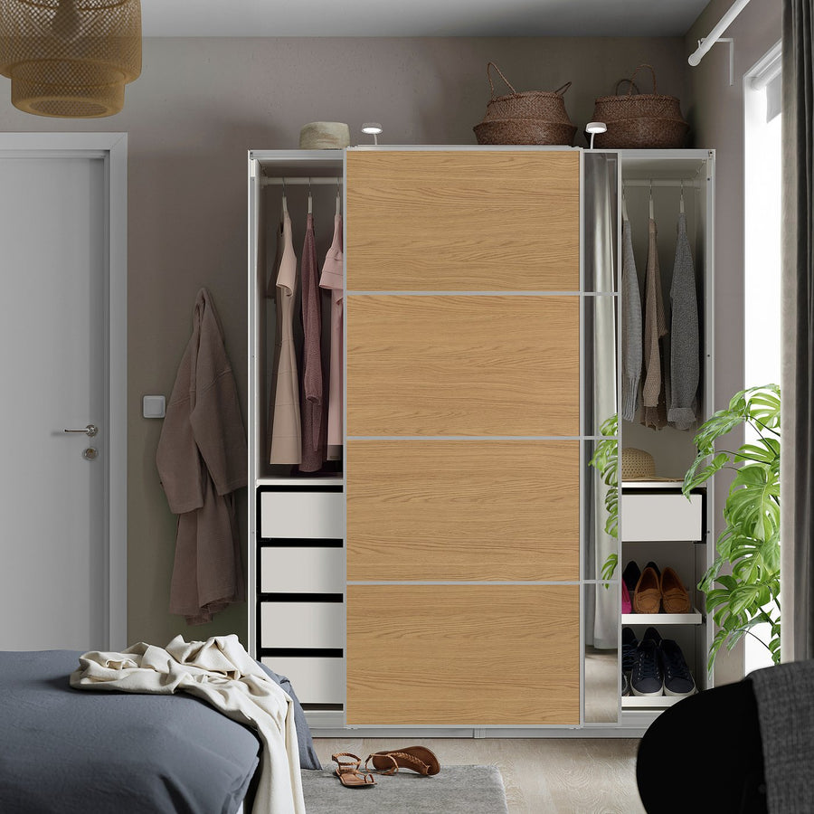 PAX / MEHAMN/AULI wardrobe with sliding doors, white aluminium/oak effect mirror glass, 150x66x201 cm