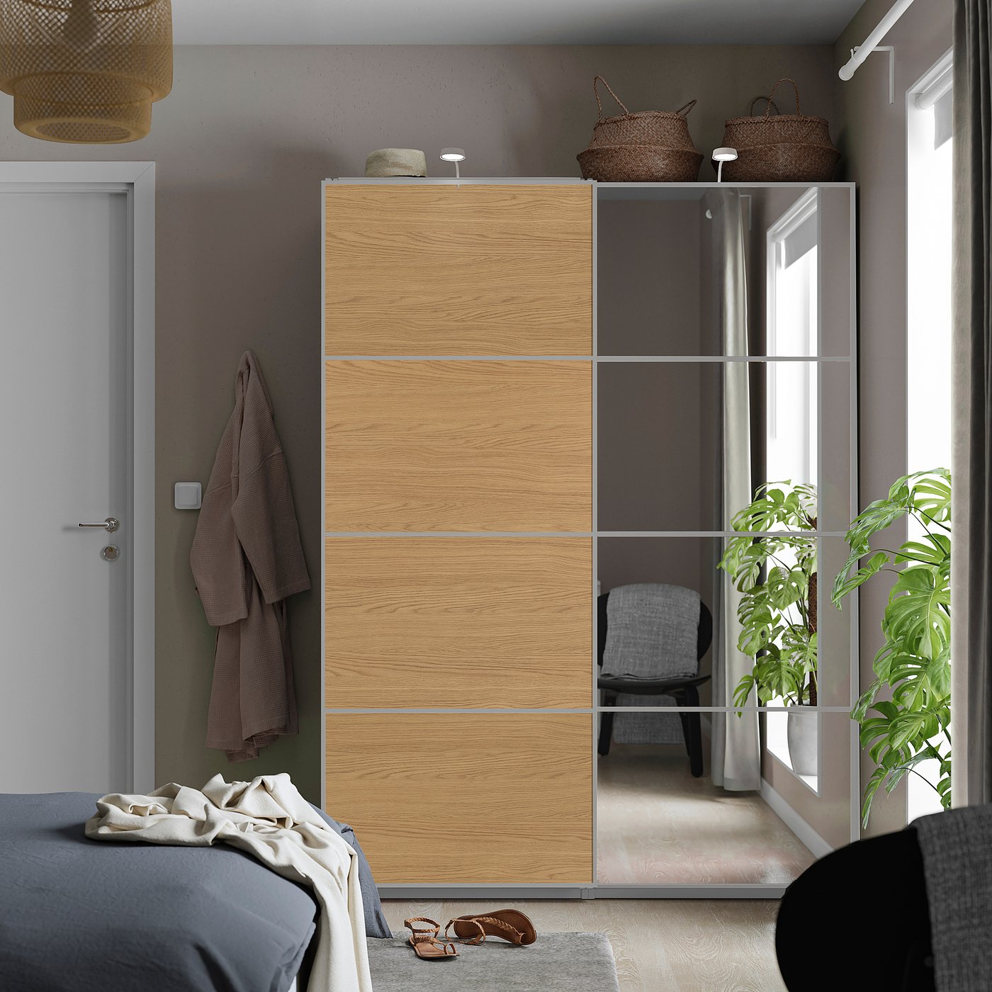 PAX / MEHAMN/AULI wardrobe with sliding doors, white aluminium/oak effect mirror glass, 150.0x201.0x66 cm