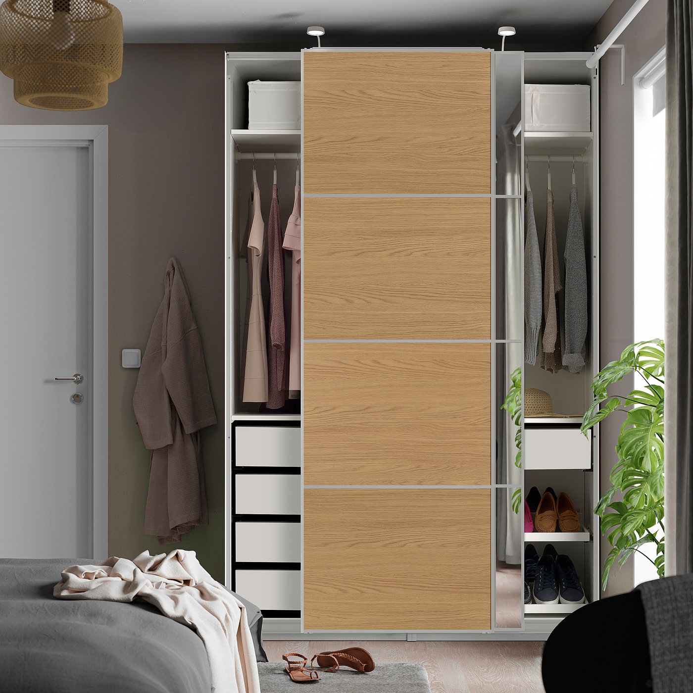 PAX / MEHAMN/AULI wardrobe with sliding doors, white aluminium/oak effect mirror glass, 150.0x236.0x66 cm
