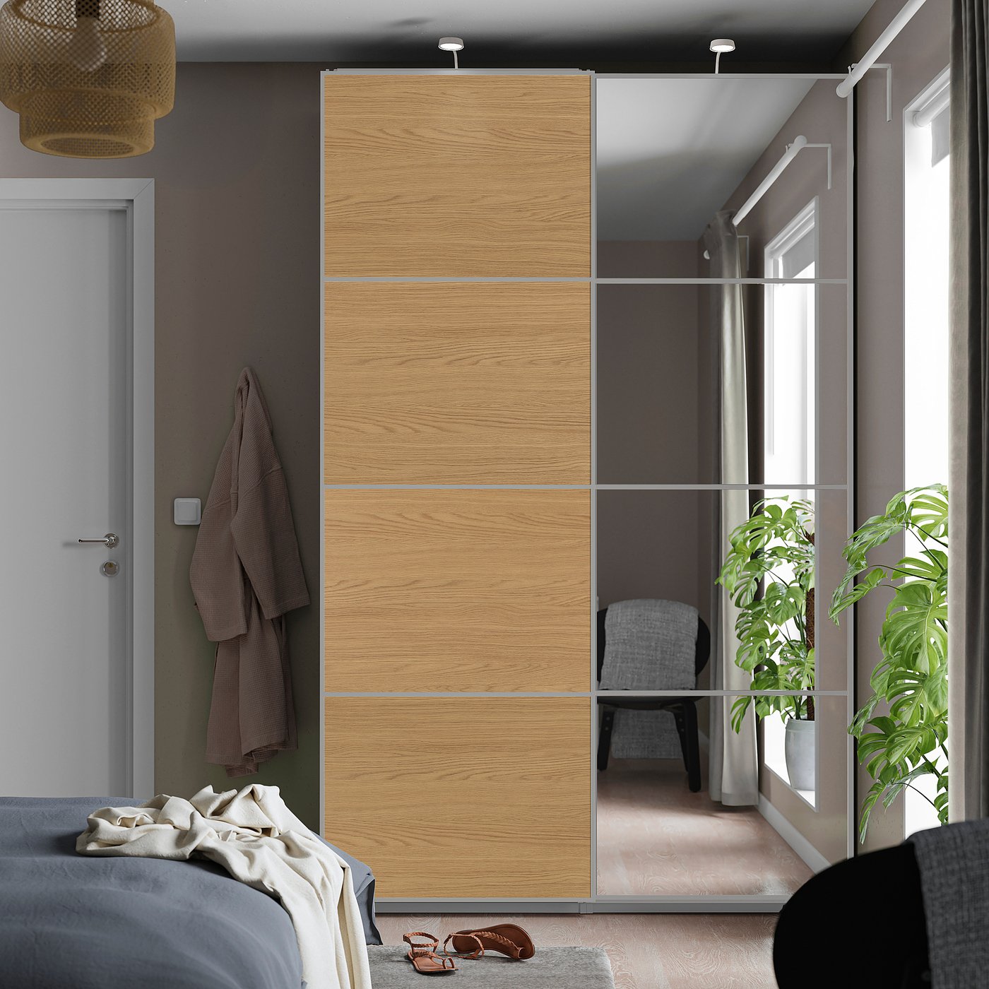 PAX / MEHAMN/AULI wardrobe with sliding doors, white aluminium/oak effect mirror glass, 150.0x236.0x66 cm