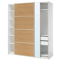 PAX / MEHAMN/AULI wardrobe with sliding doors, white white/oak effect mirror glass, 200x66x236 cm