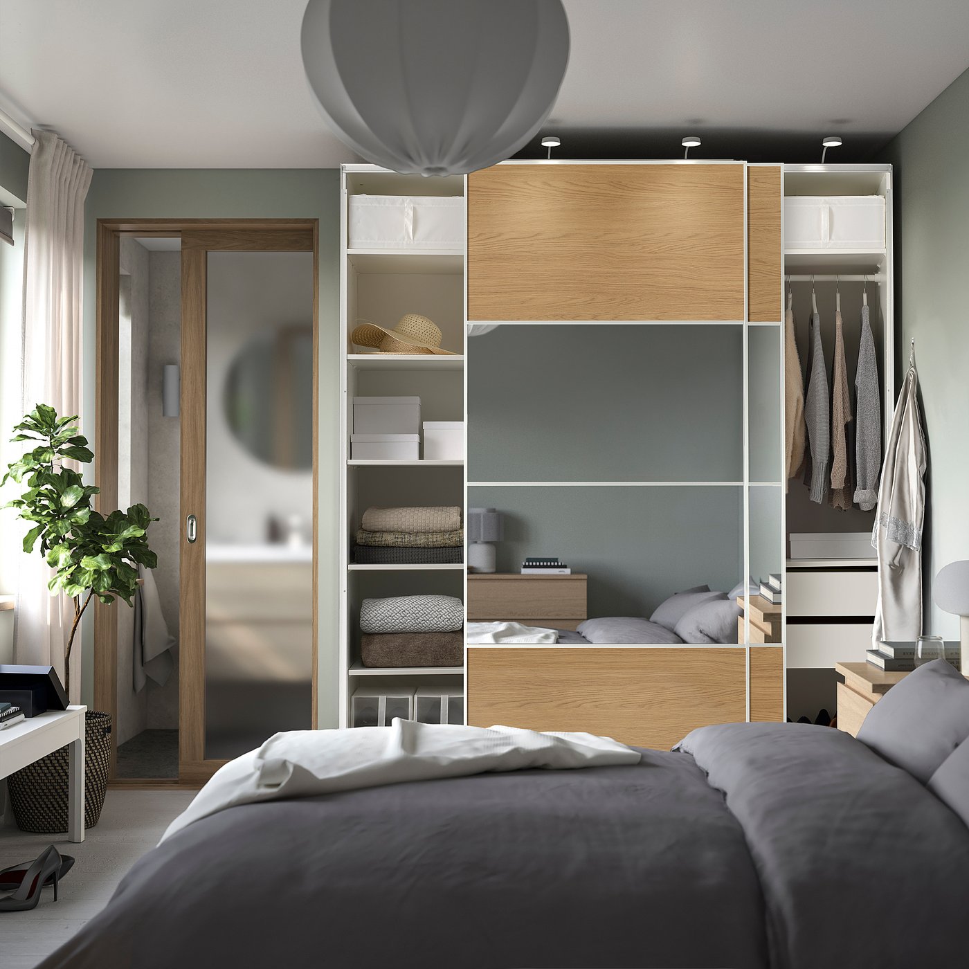 PAX / MEHAMN/AULI wardrobe with sliding doors, white white/oak effect mirror glass, 200x66x236 cm
