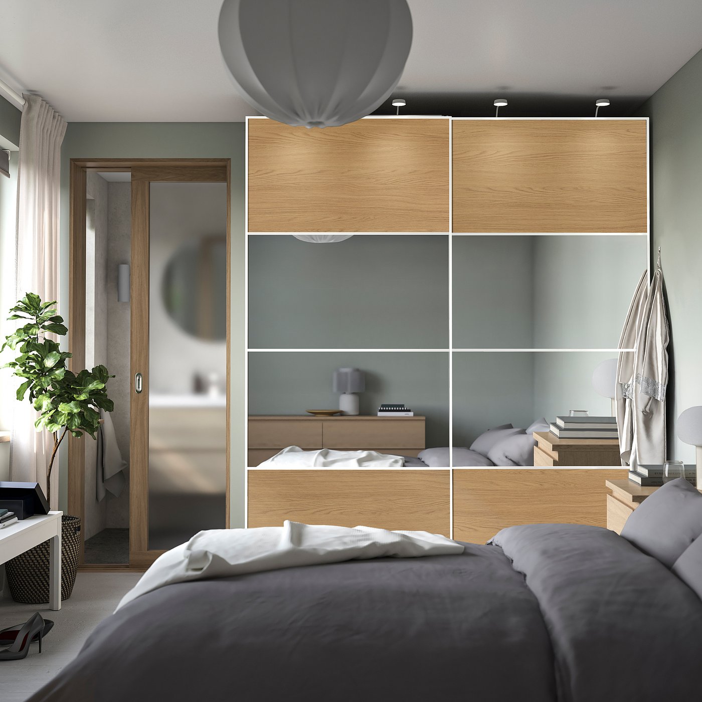 PAX / MEHAMN/AULI wardrobe with sliding doors, white white/oak effect mirror glass, 200x66x236 cm