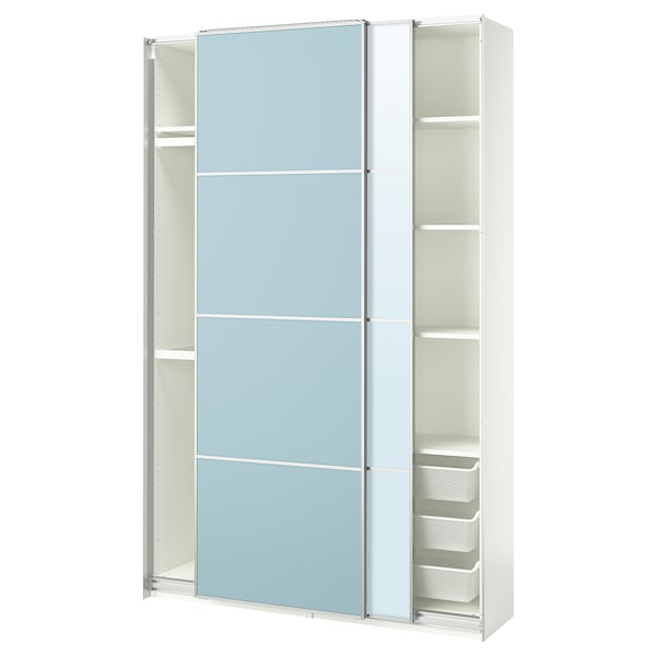 PAX / MEHAMN/AULI - Wardrobe with sliding doors, white double-sided/light blue mirrored glass,150x44x236 cm