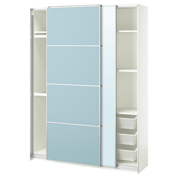 PAX / MEHAMN/AULI - Wardrobe with sliding doors, white double-sided/light blue mirrored glass,150x44x201 cm