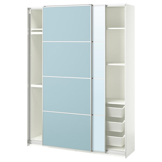 PAX / MEHAMN/AULI - Wardrobe with sliding doors, white double-sided/light blue mirrored glass,150x44x201 cm