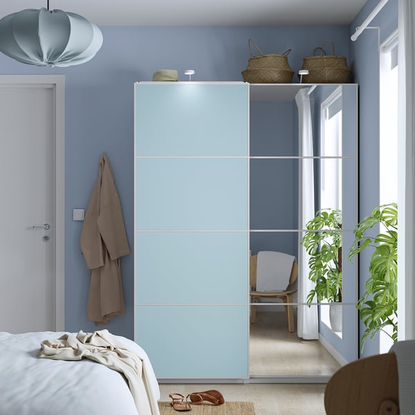 PAX / MEHAMN/AULI - Wardrobe with sliding doors, white double-sided/light blue mirrored glass,150x44x201 cm