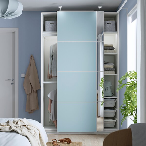 PAX / MEHAMN/AULI - Wardrobe with sliding doors, white double-sided/light blue mirrored glass,150x44x236 cm