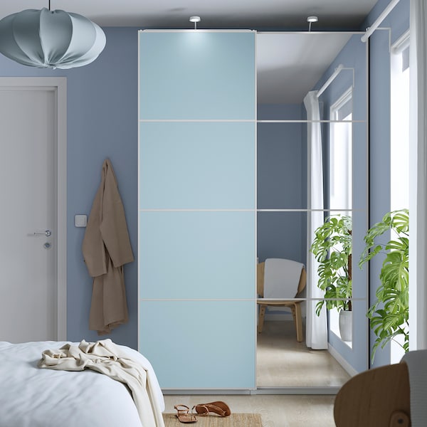 PAX / MEHAMN/AULI - Wardrobe with sliding doors, white double-sided/light blue mirrored glass,150x44x236 cm