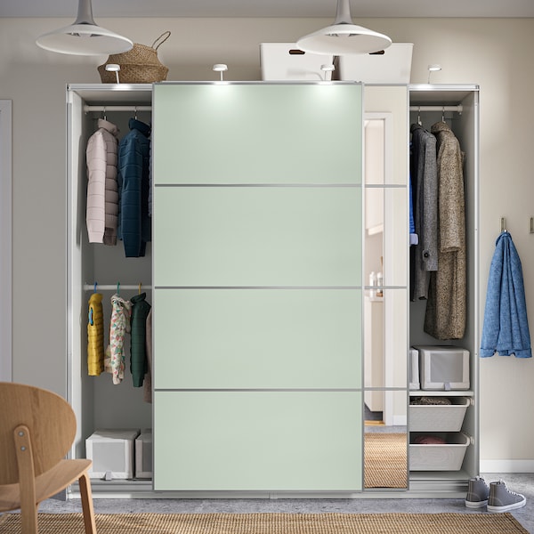 PAX / MEHAMN/AULI - Wardrobe with sliding doors, white double-sided/light green mirrored glass,200x66x201 cm