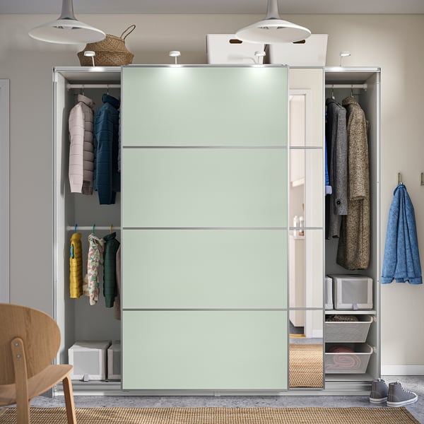 PAX / MEHAMN/AULI - Wardrobe with sliding doors, white double-sided/light green mirrored glass,200x66x201 cm