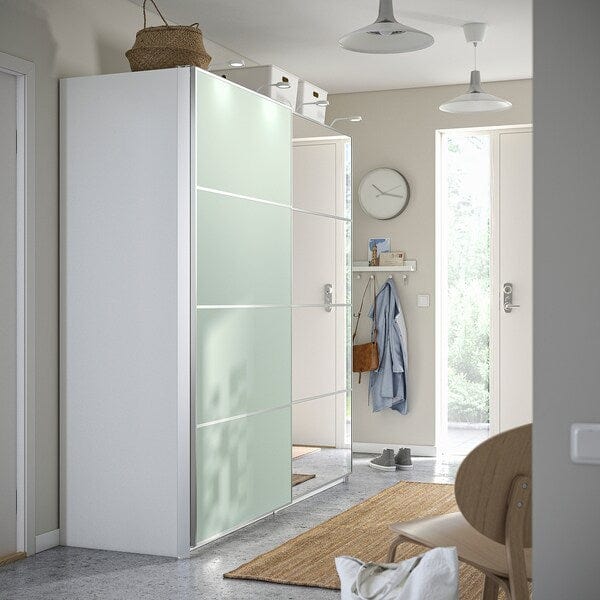 Ikea PAX / MEHAMN/AULI - Wardrobe with sliding doors, white double-sided/light green mirrored glass,200x66x201 cm