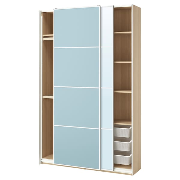 PAX / MEHAMN/AULI - Wardrobe with sliding doors, oak effect with double-sided white stain/blue mirror glass,150x44x236 cm