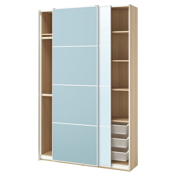 PAX / MEHAMN/AULI - Wardrobe with sliding doors, oak effect with double-sided white stain/blue mirror glass,150x44x236 cm