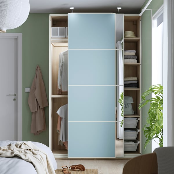 PAX / MEHAMN/AULI - Wardrobe with sliding doors, oak effect with double-sided white stain/blue mirror glass,150x44x236 cm