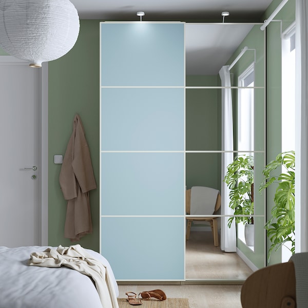 PAX / MEHAMN/AULI - Wardrobe with sliding doors, oak effect with double-sided white stain/blue mirror glass,150x44x236 cm