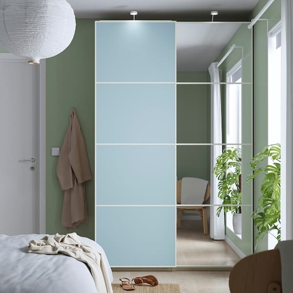 Ikea PAX / MEHAMN/AULI - Wardrobe with sliding doors, oak effect with double-sided white stain/blue mirror glass,150x44x236 cm