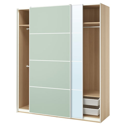 PAX / MEHAMN/AULI - Wardrobe with sliding doors, oak effect with double-sided white stain/light green mirror glass,200x66x236 cm