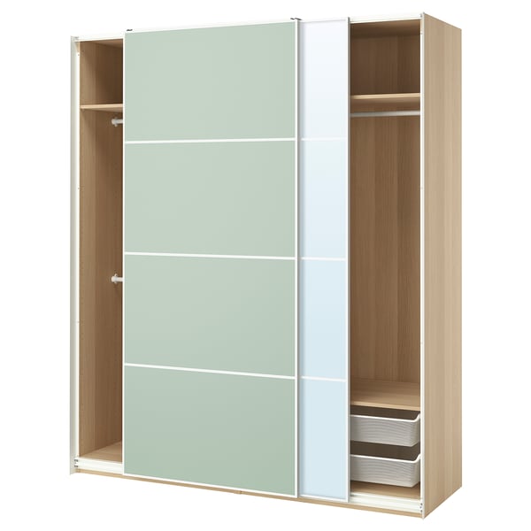 PAX / MEHAMN/AULI - Wardrobe with sliding doors, oak effect with double-sided white stain/light green mirror glass,200x66x236 cm